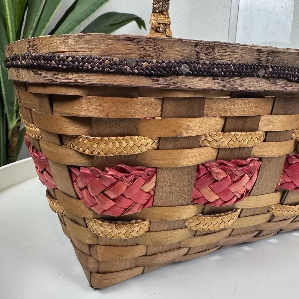 Vintage Primitive Gathering Basket Wood Splint Farm Market Basket Red‎ Accent